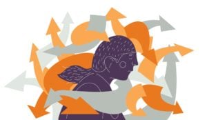 a person's head, frown on their face with lots of arrows surrounding them pointing all over the place