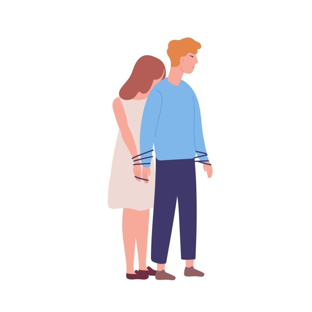 What Does a Codependent Relationship Look Like? 1 Young unhappy woman tied to man. Concept of codependency, codependent relationship.