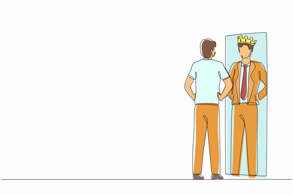 What Is Narcissistic Ghosting and How to Deal With It 1 Single continuous line drawing narcissistic businessman looking at mirror and seeing in reflection of himself with crown on his head.