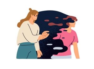 Cloud of dark thoughts representing mental health struggles, two women discussing psychological concepts, mental health awareness, psychology illustration.