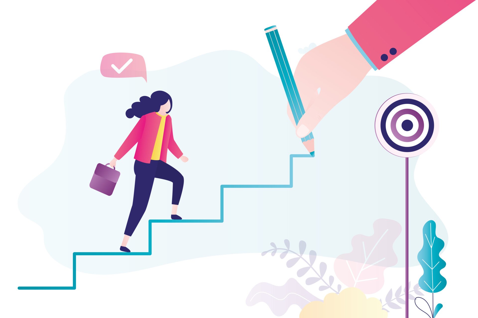 ADHD Coaching Illustration of a woman climbing stairs towards a target. the stairs are being drawn by a large hand as she climbs up