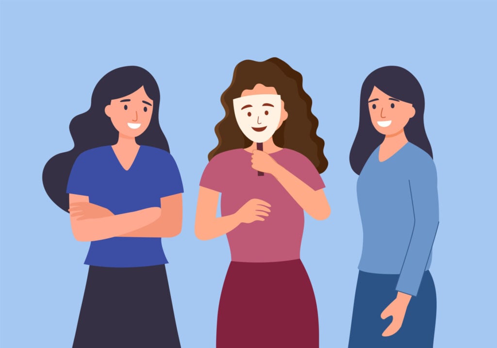Woman putting on social face mask with fake positive emotion to hide real feelings behind it.