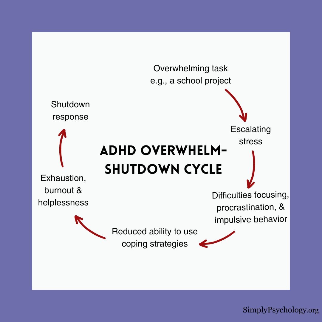 ADHD Overwhelmed An infographic outlining a cycle, titled 'ADHD overwhelm-shutdown cycle' in the centre and stages of the cycle surrounds it.