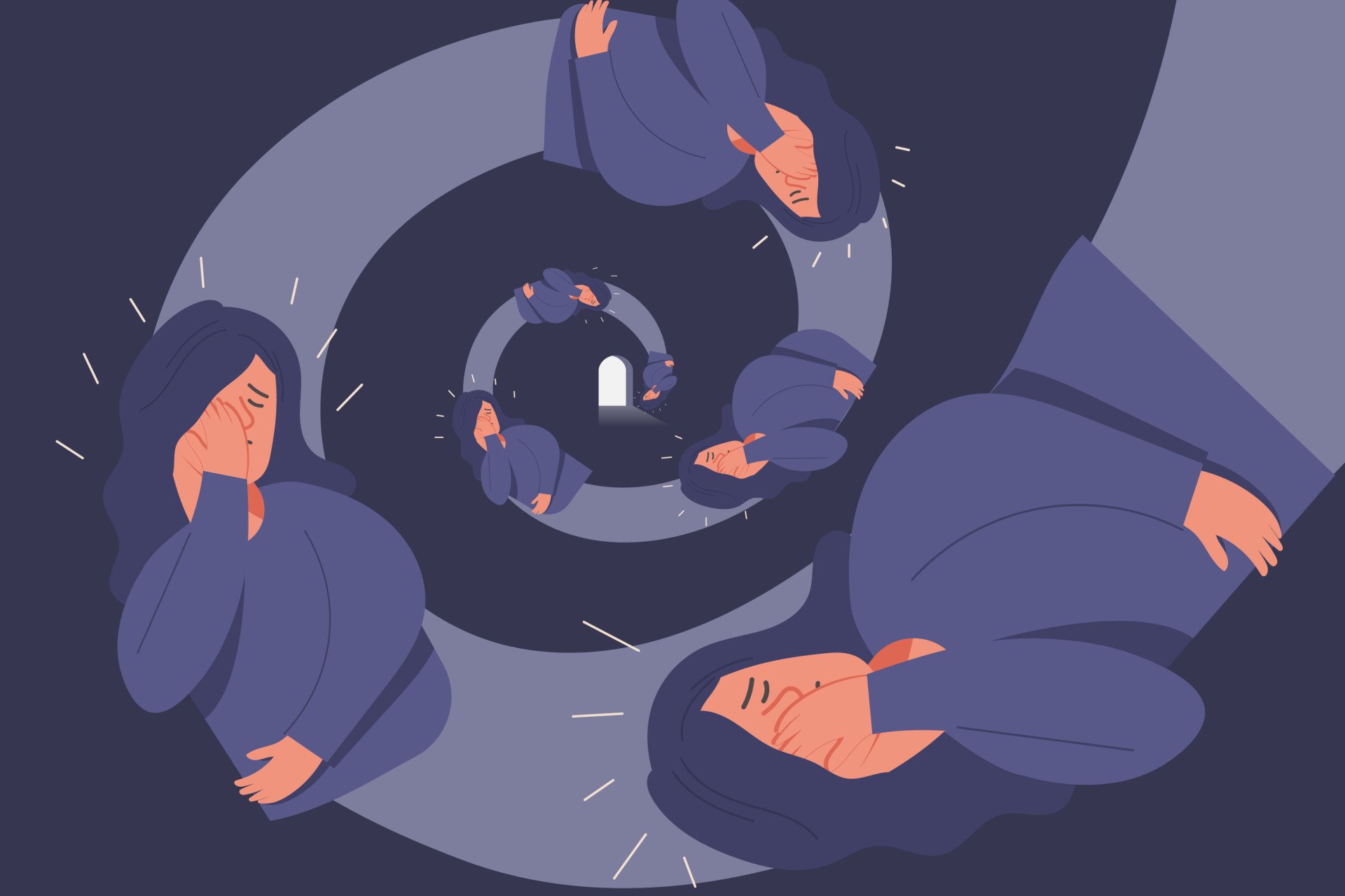 Anxiety Spiral Concept of copies of an anxious woman falling down a spiralling pattern.