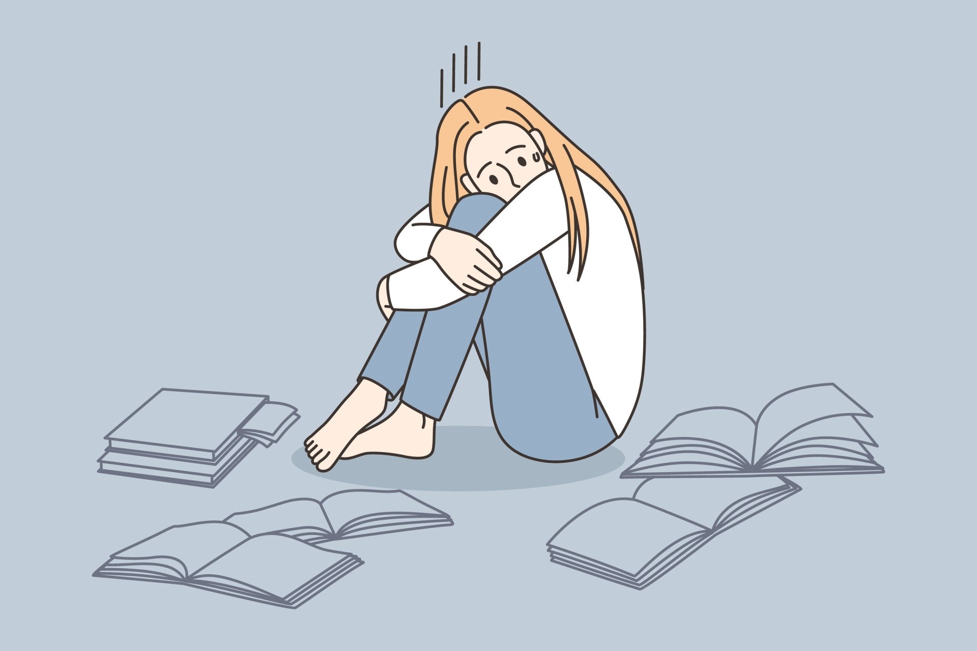 Anxious Student Illustration of an anxious student surrounded by open text books.