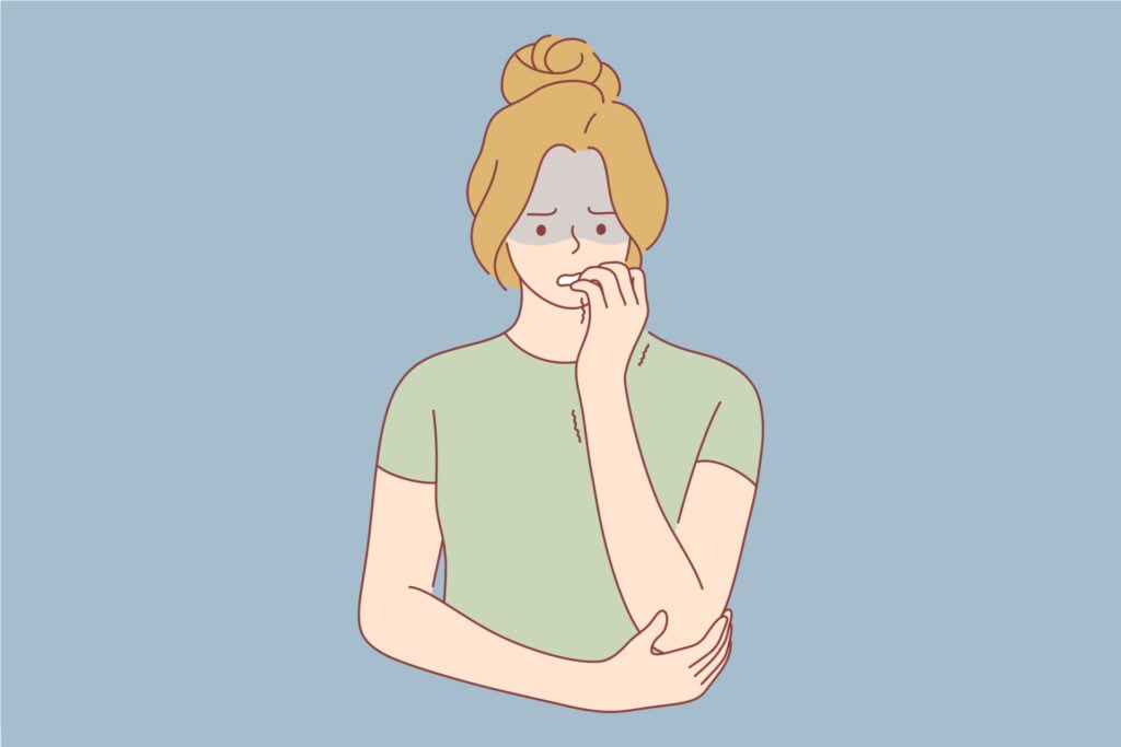 Illustration of an anxious person, trembling arm and biting nails