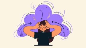 An anxious woman illustration with a large purple messy cloud.