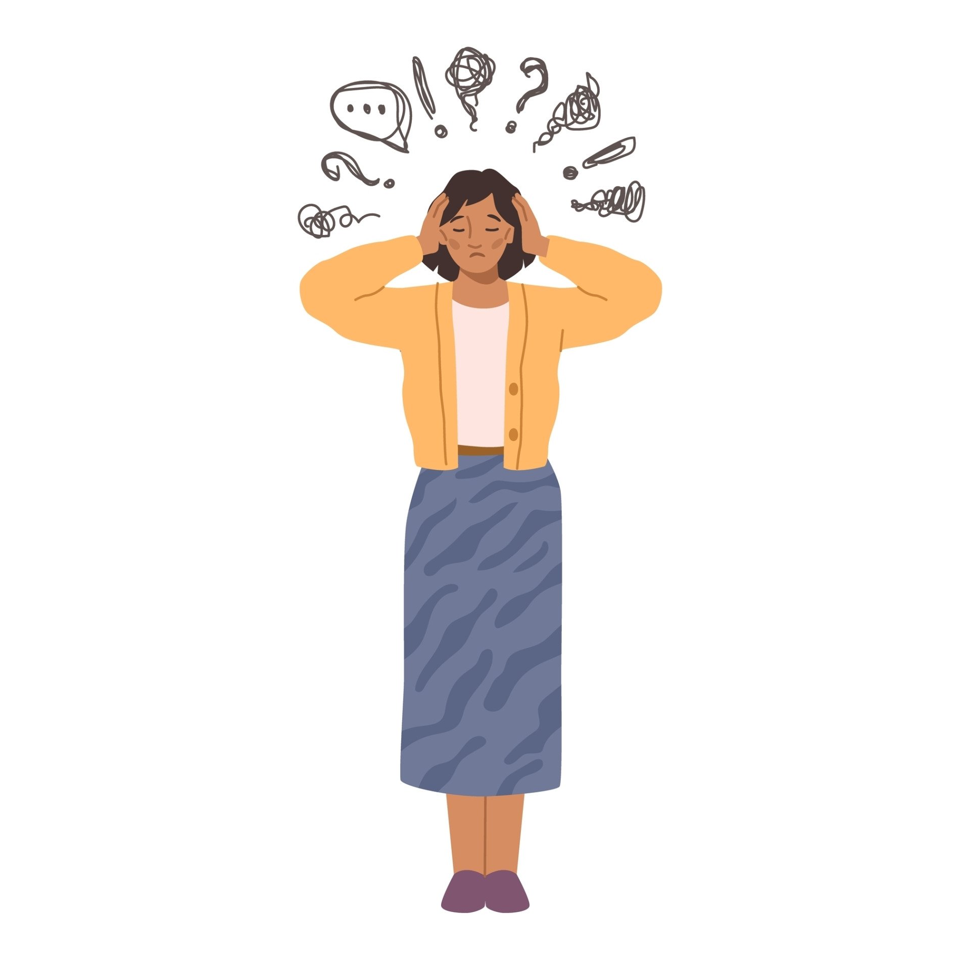 Anxious Woman ADHD Anxious woman with hands on head.
