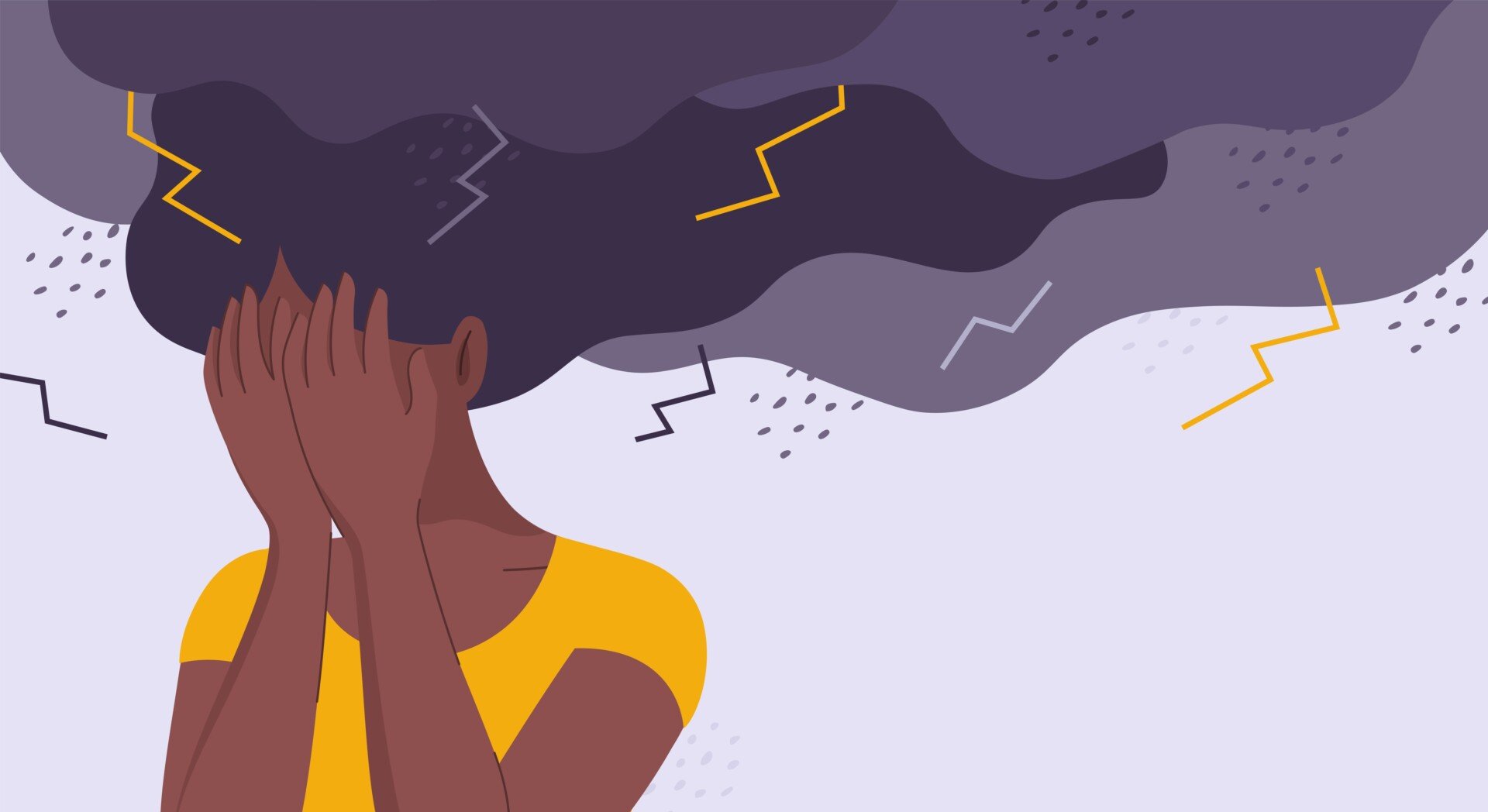 Autism Burnout Illustration of a woman covering face with her hands experiencing a burnout. Lightning strikes and rain drops above her.