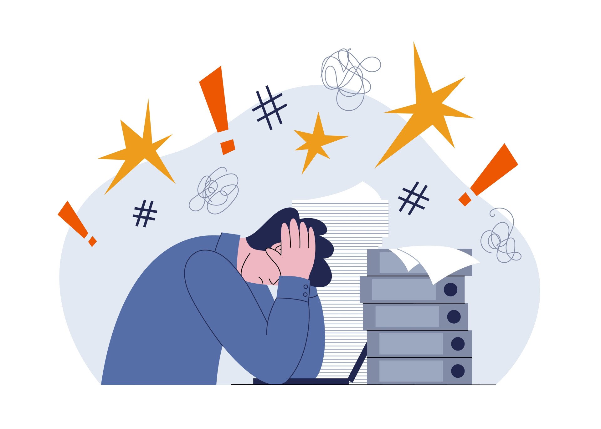 Autism Workplace Stress Illustration of a stressed worker at a desk with piles of paper and folders.