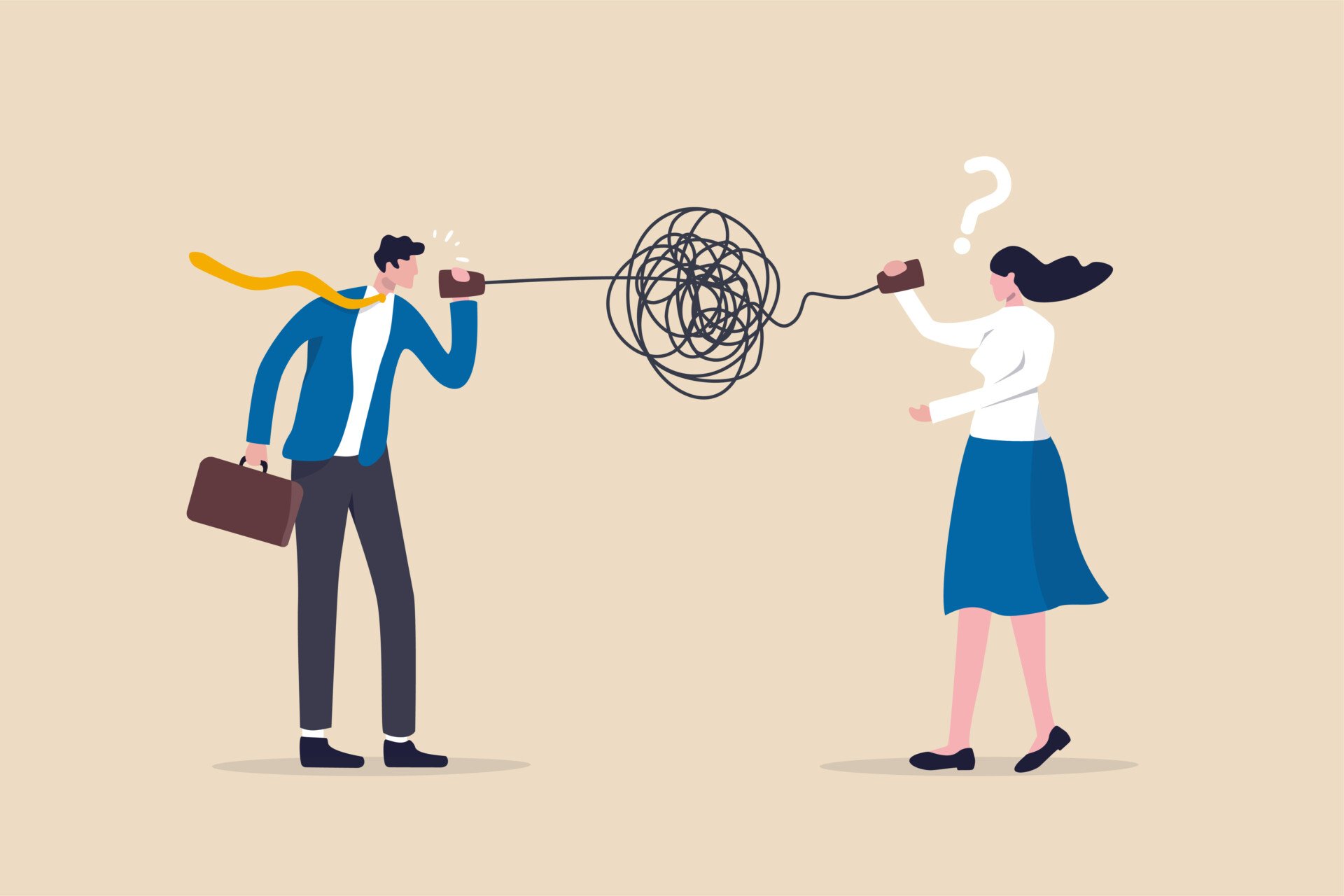 Bad Communication Relationship Illustration of a couple speaking through cups and string but the string is all messy and complicated to illustrate bad communication in relationships.