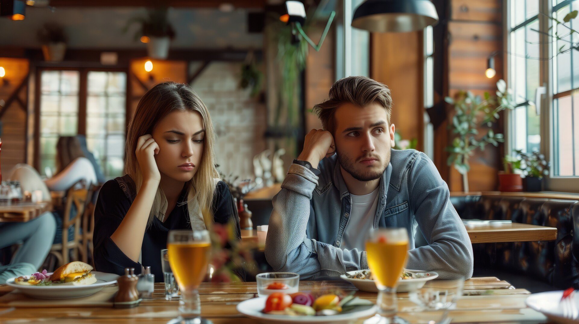 Boring Relationship A couple at a restaurant looking bored, looking away from each other.