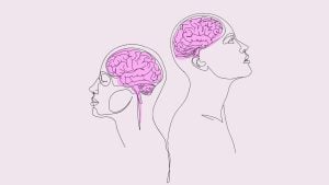 Outlines of two heads facing away from each other and pink brain outlines inside