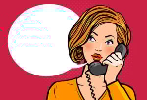 A comic book style image of a woman on the phone and a blank speech bubblde.
