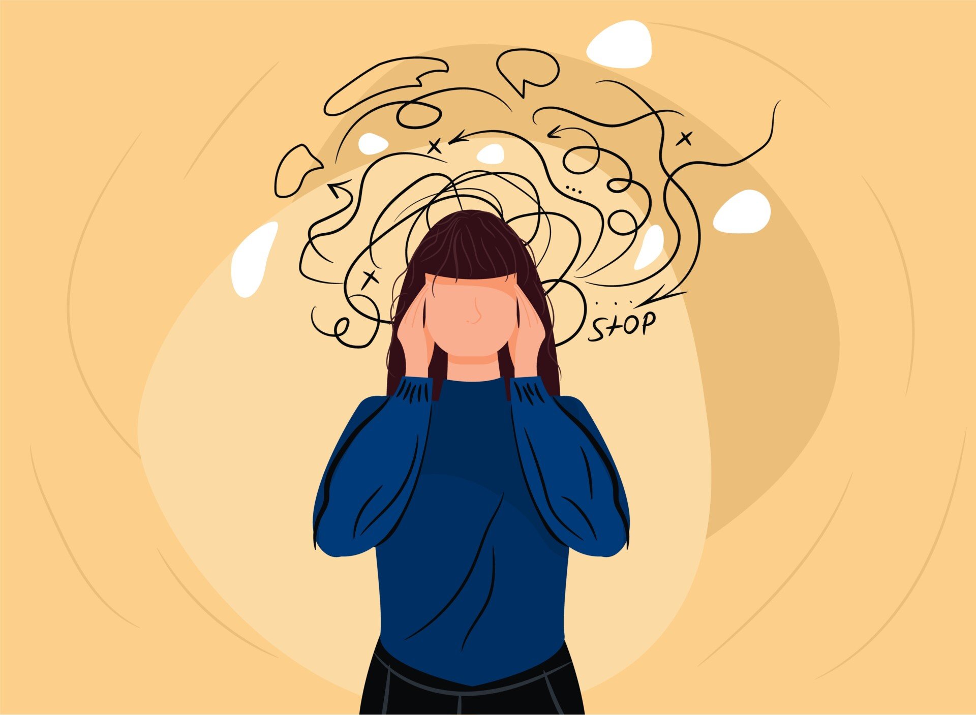 Repetition Compulsion: Why Do We Repeat the Past? 1 a cartoon of a person with hands on each side of face - lots of mixed up thoughts coming out of their head