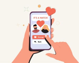 hand holding mobile phone with dating app interface. Couple match in online application on smartphone