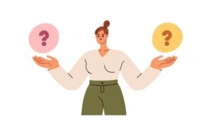 A woman holding hands out with question marks in each one.