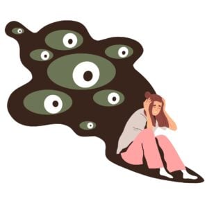 concept of a scared woman sat on the ground with dark shadows and eyes watching her to illustrate delusions.