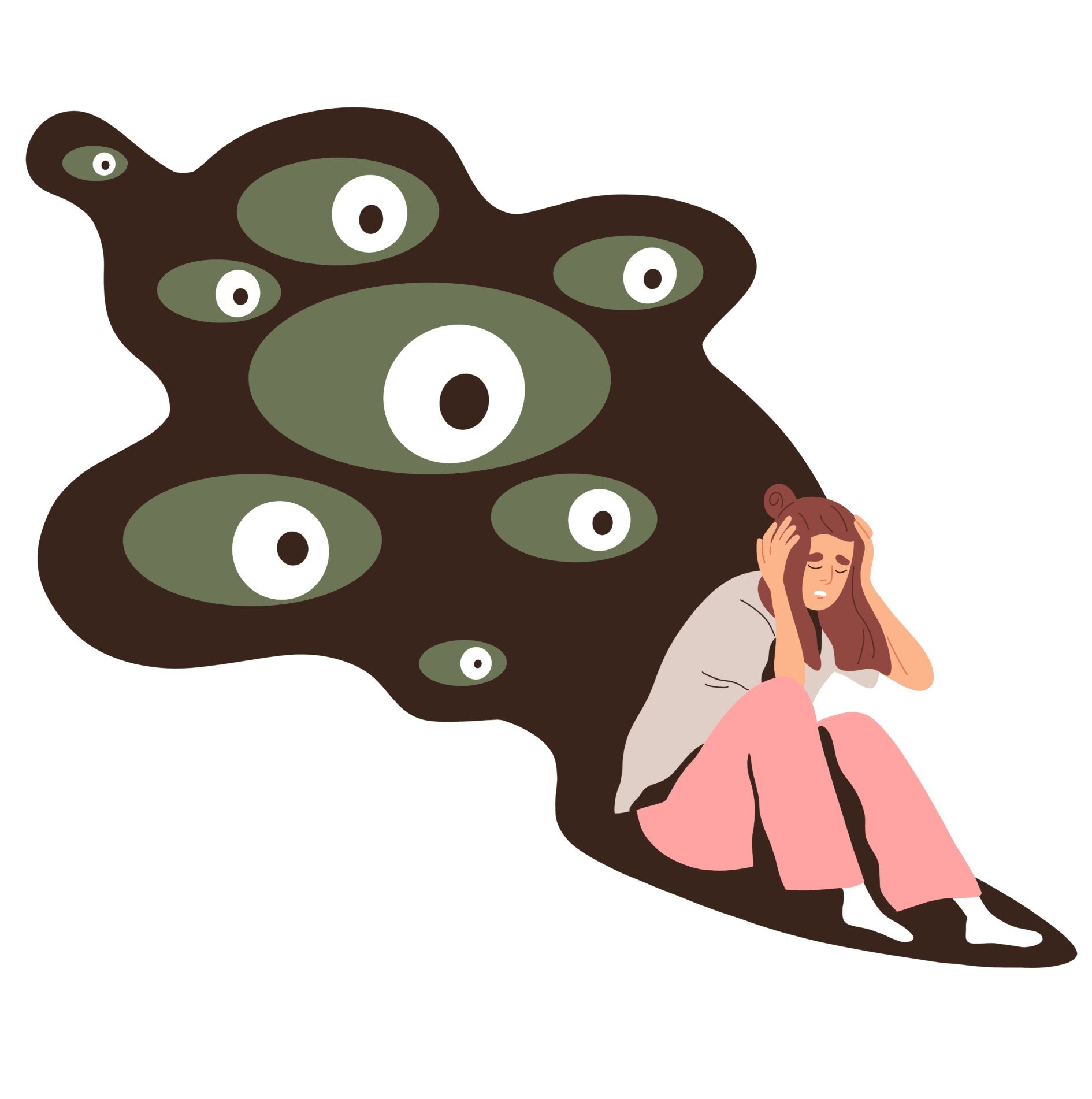 Delusions concept of a scared woman sat on the ground with dark shadows and eyes watching her to illustrate delusions.