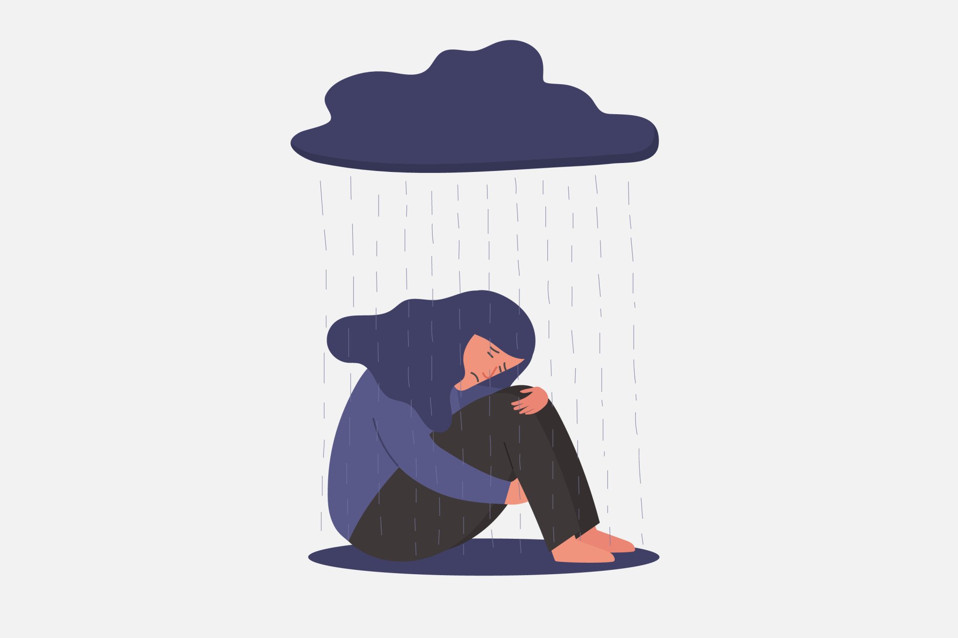 Depressed Teen Illustration of a depressed girl sat on the ground with a storm cloud raining on her.