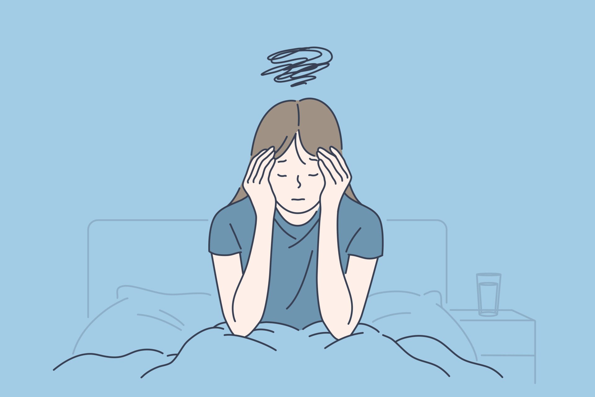 Illustration of a woman sat up in bed, head in hands, having depressed thoughts.