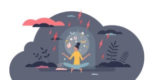 A person sitting cross-legged meditating n a storm llustration