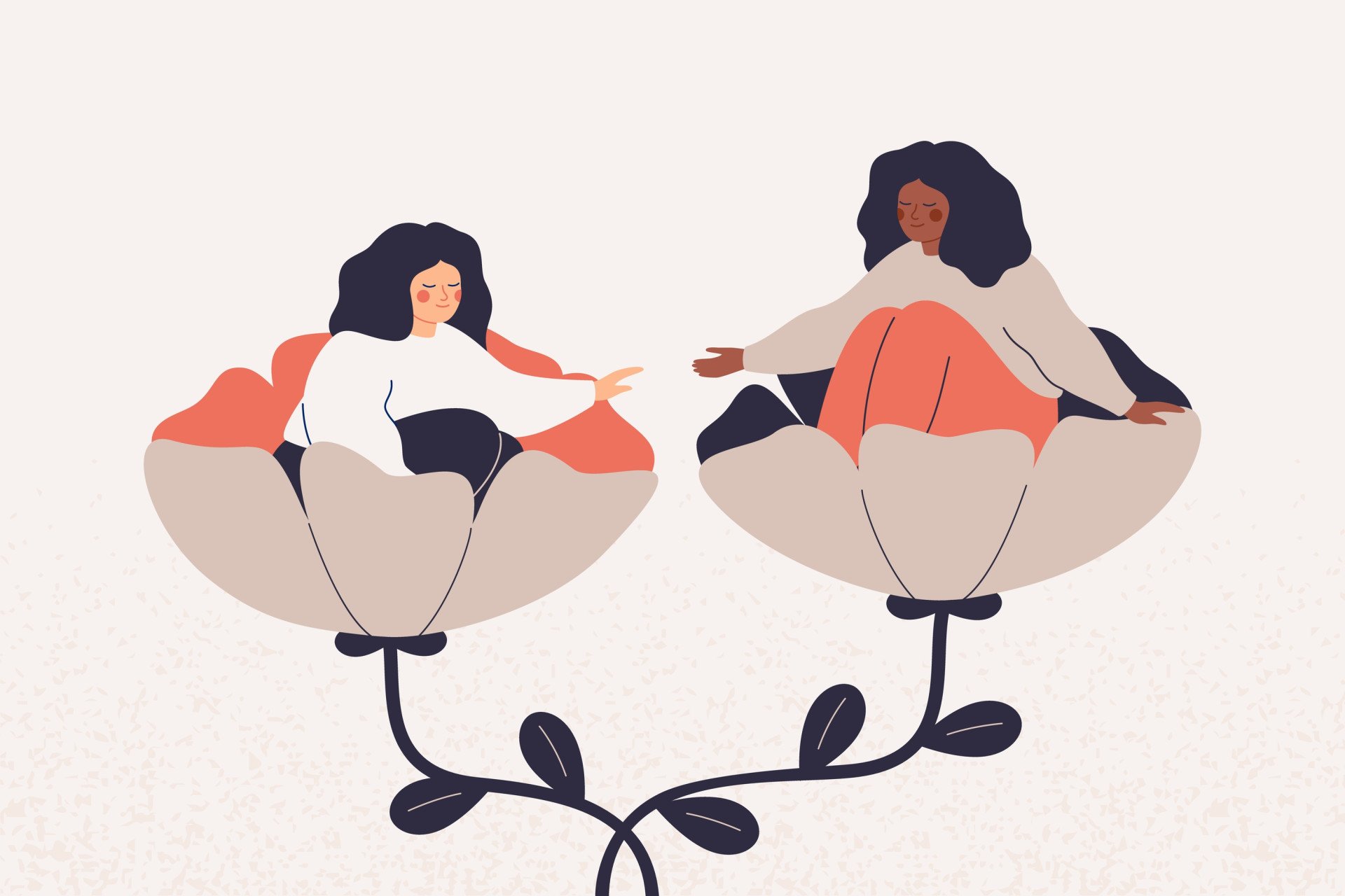 Empathy Two friends sat in flowers and reaching for each other illustration.