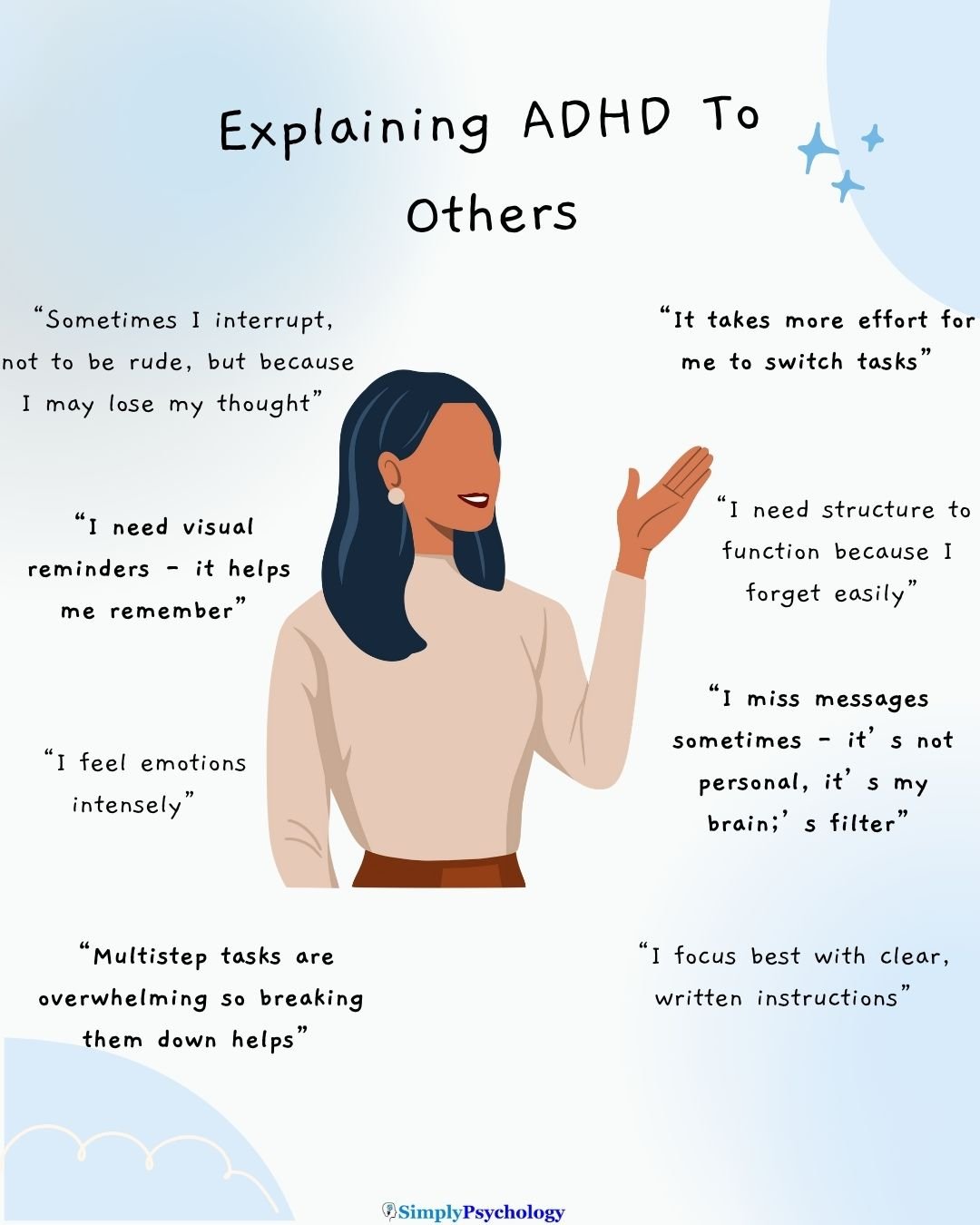 A woman speaking in the centre and ways in which to explain adhd surround her such as "I focus best with clear, written instructions"