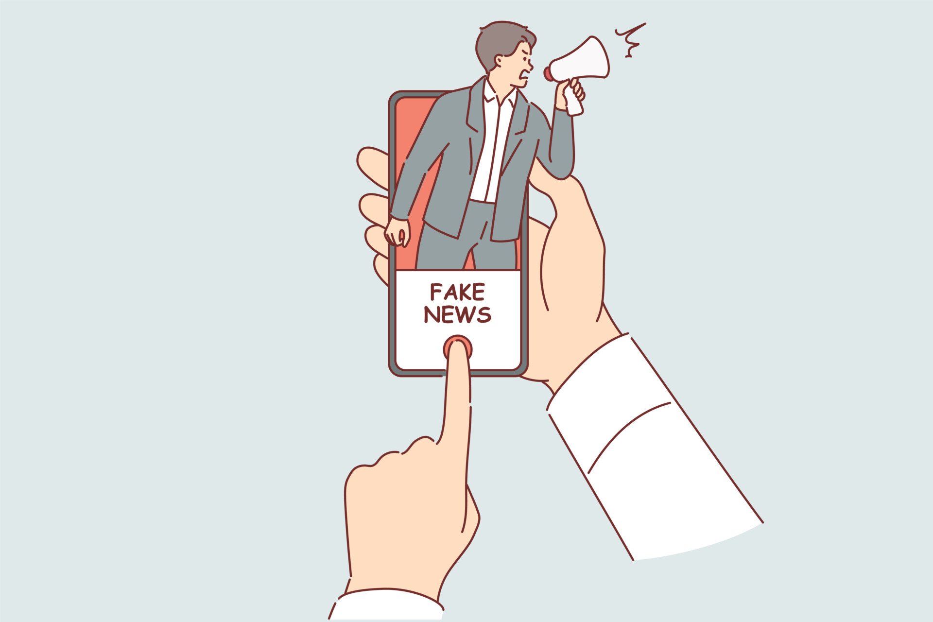 Fake News Illustration of a person holding a smart phone with a person shouting from a megaphone and the words 'fake news' on the screen