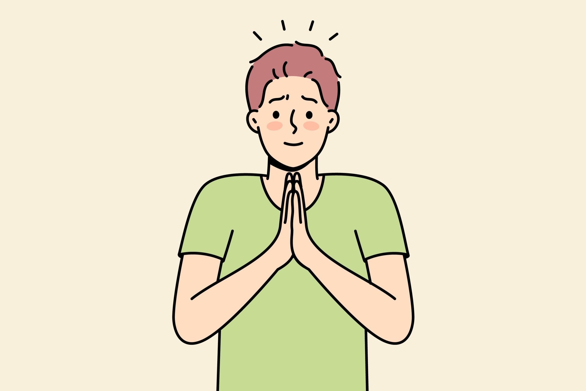 Shy man praying with hands together and calm expression, showing a fawning response.