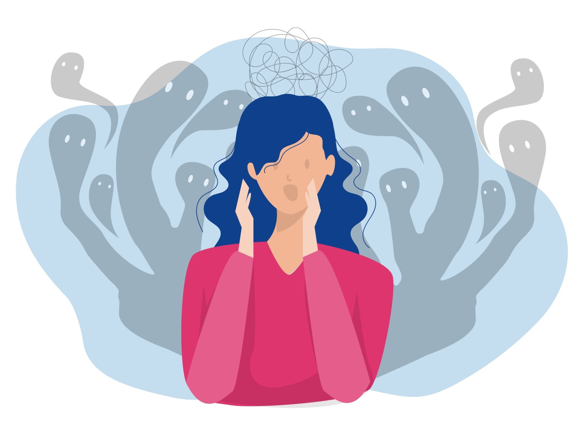 Fearful Anxiety A fearful woman surrounded by lingering ghostly figures.