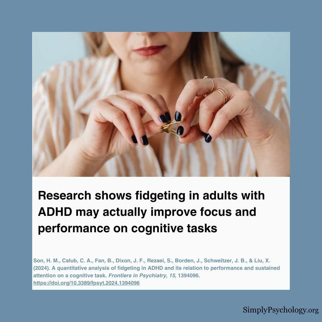 An image of a woman fidgeting with a piece of stationary with the title: Research shows fidgeting in adults with ADHD may actually improve focus and performance on cognitive tasks.