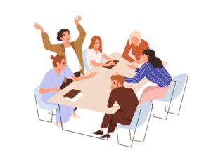 illustration of a group sat at a table engaged in conflict