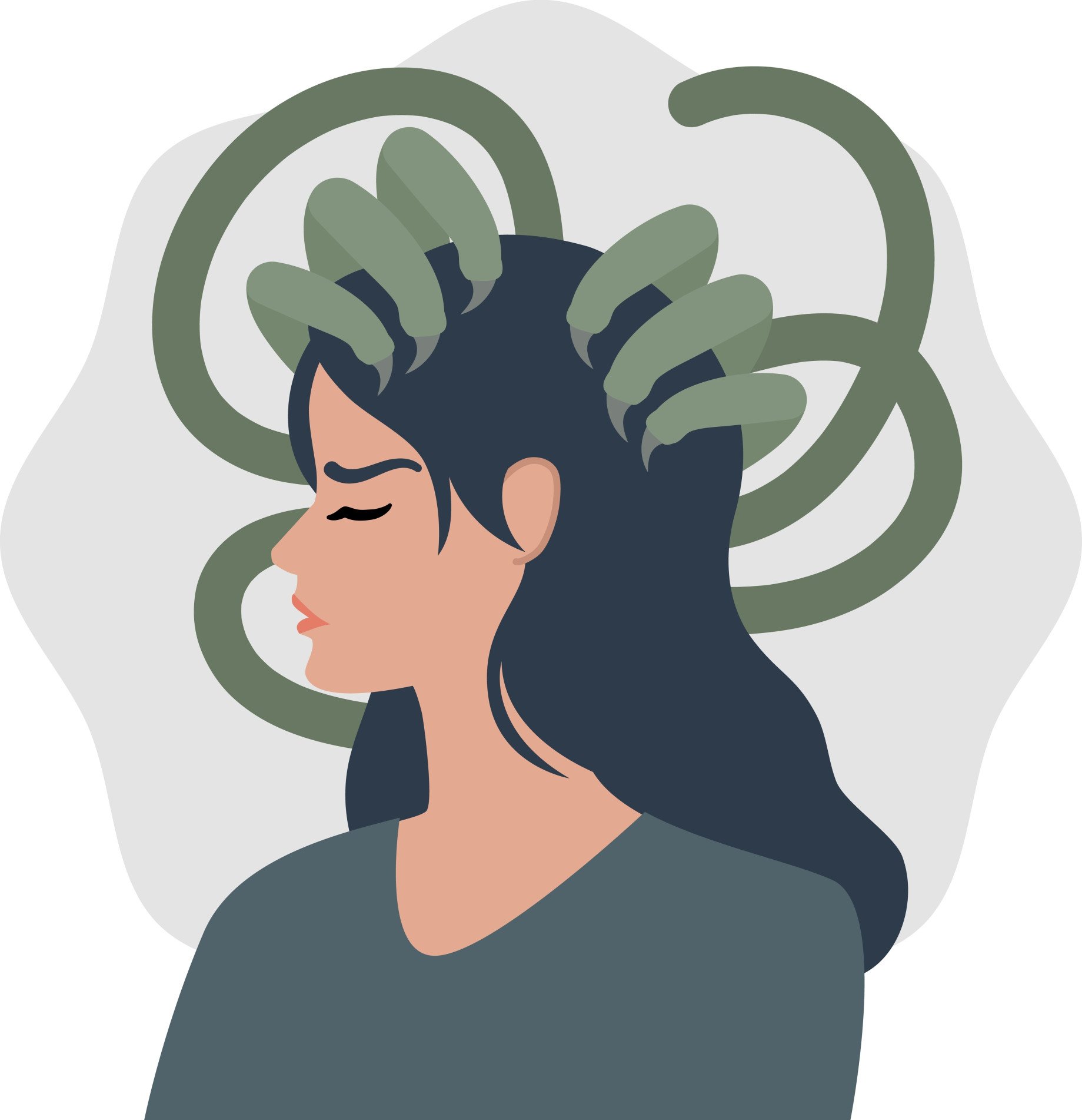 Intrusive Thoughts Illustration of a woman's head with green tentacles representing negative thoughts gripping her head.