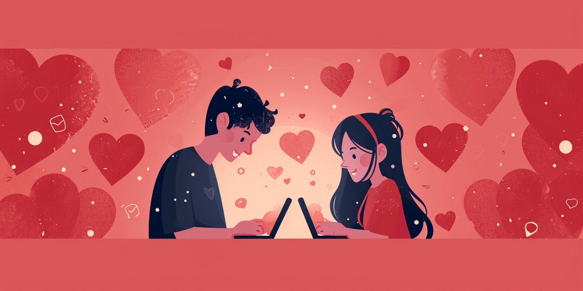 Long Distance Ideas Illustration of a man and woman on separate devices talking to each other with lots of red love hearts in the background.
