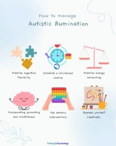 An infographic titled "how to manage autistic rumination" with 6 tips alongside associated images such as practice cognitive flexibility, establish a routine, and using sensory interventions.