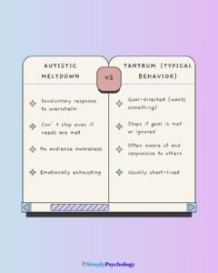 A comparison table outlining the differences between an autistic meltdown and a typical tantrum.