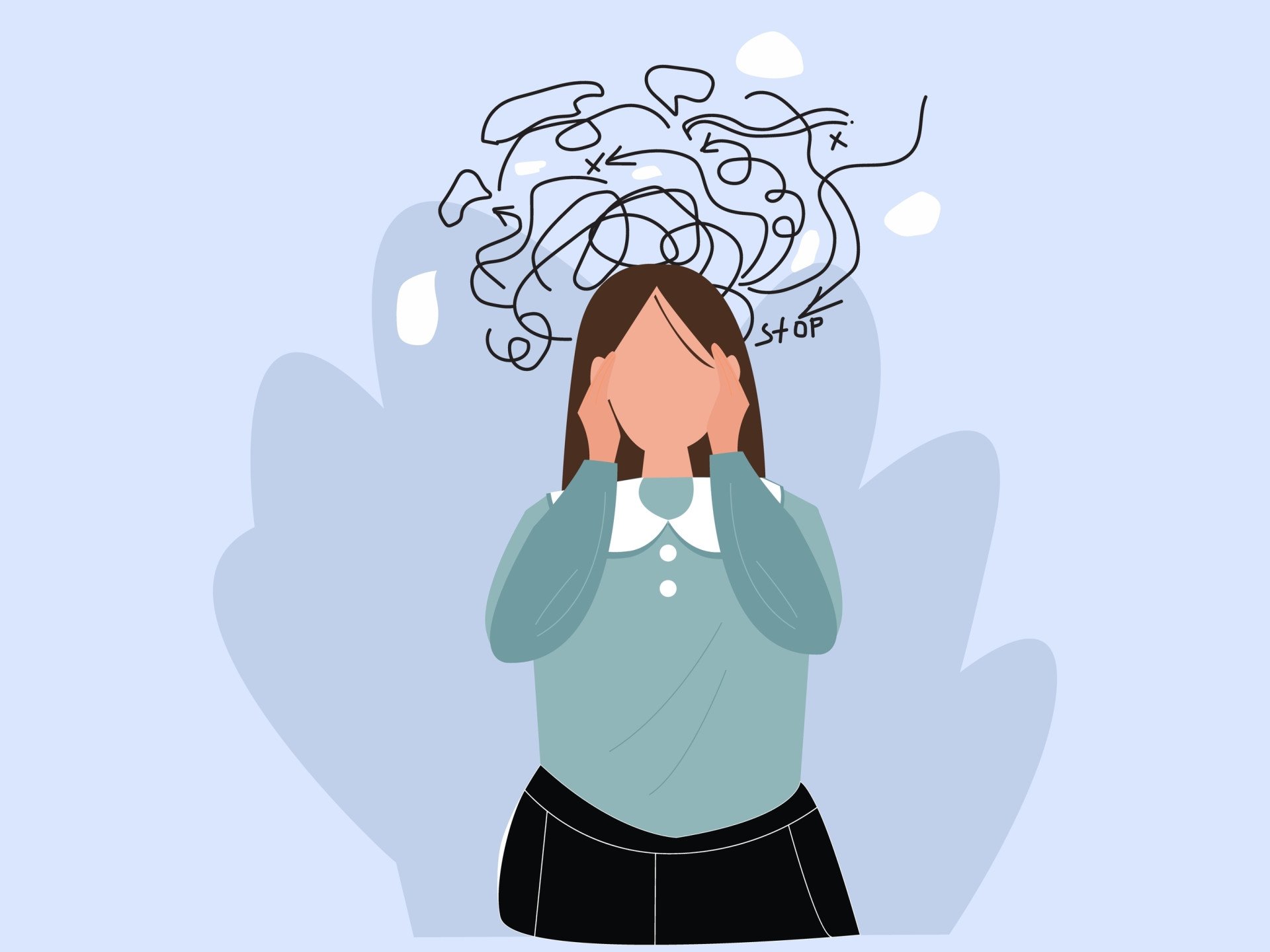 Illustration of an anxious woman holding head in hands, anxiety lines and spirals above head.
