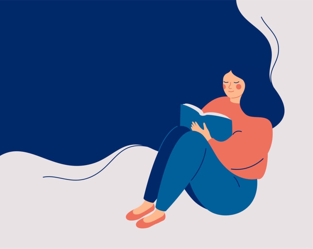 Illustration of a happy woman sat on the floor reading a book