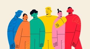 Illustration of a colourful group of friends looking happy.
