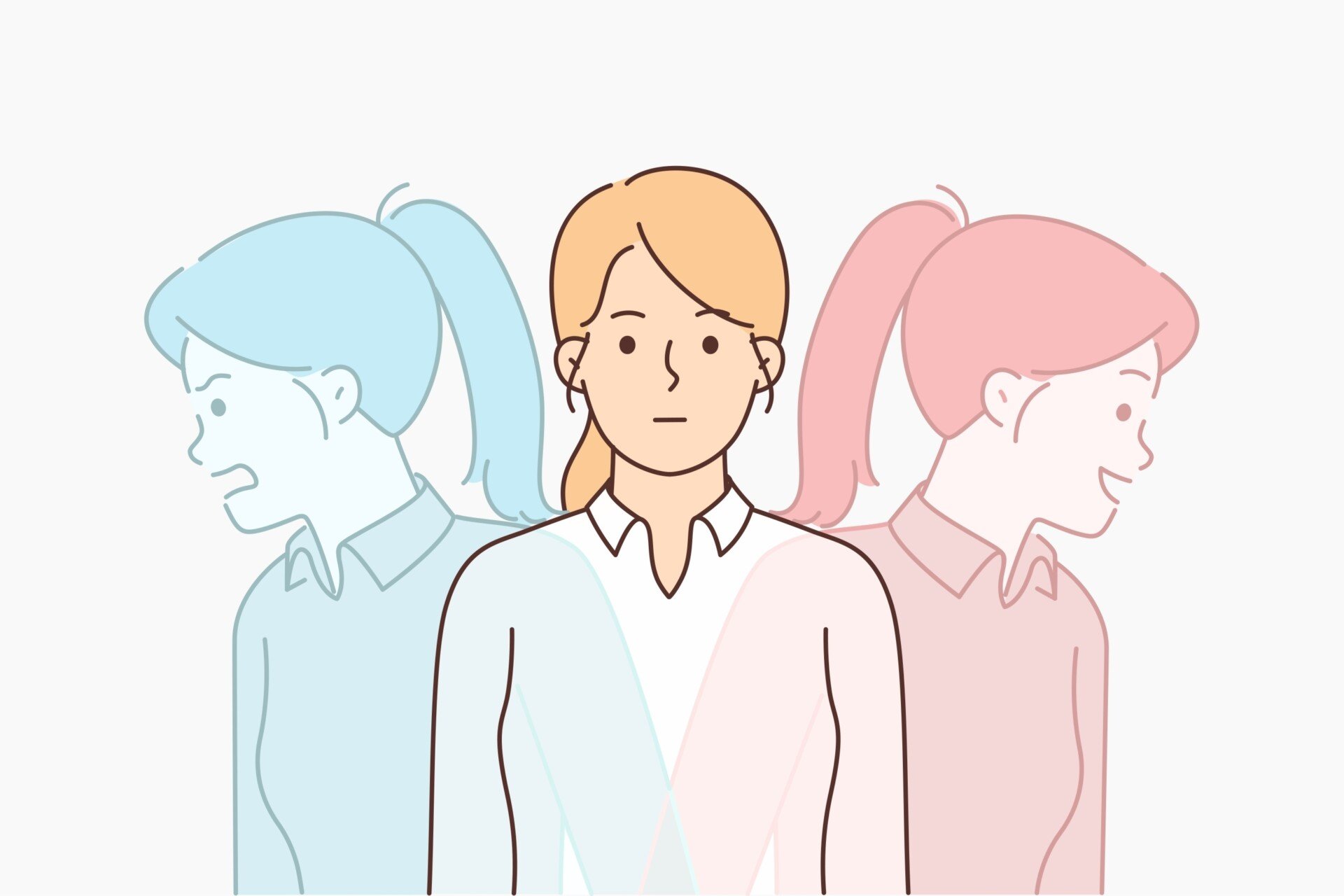 A woman with different personality expressions is standing in front of a white background.