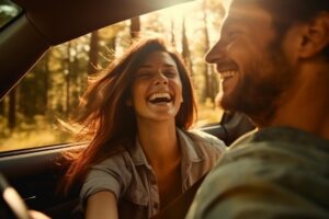 Simply Psychology - Self-Care, Theories, Famous Studies & More 8 a man and a woman go on a trip in a car. having fun. smiling.