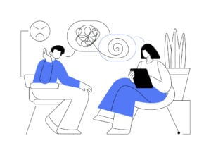 Illustration of a therapist and patient sat opposite each other. The therapist is helping to unwravel the thoughts of the client.