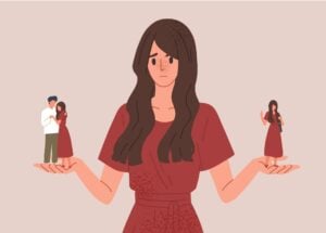 A girl holding out her hands with herself in a relationship in one hand and single life in the other.