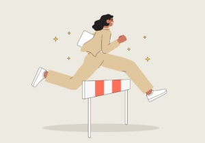 Illustration of a person jumping over a hurdle while smiling
