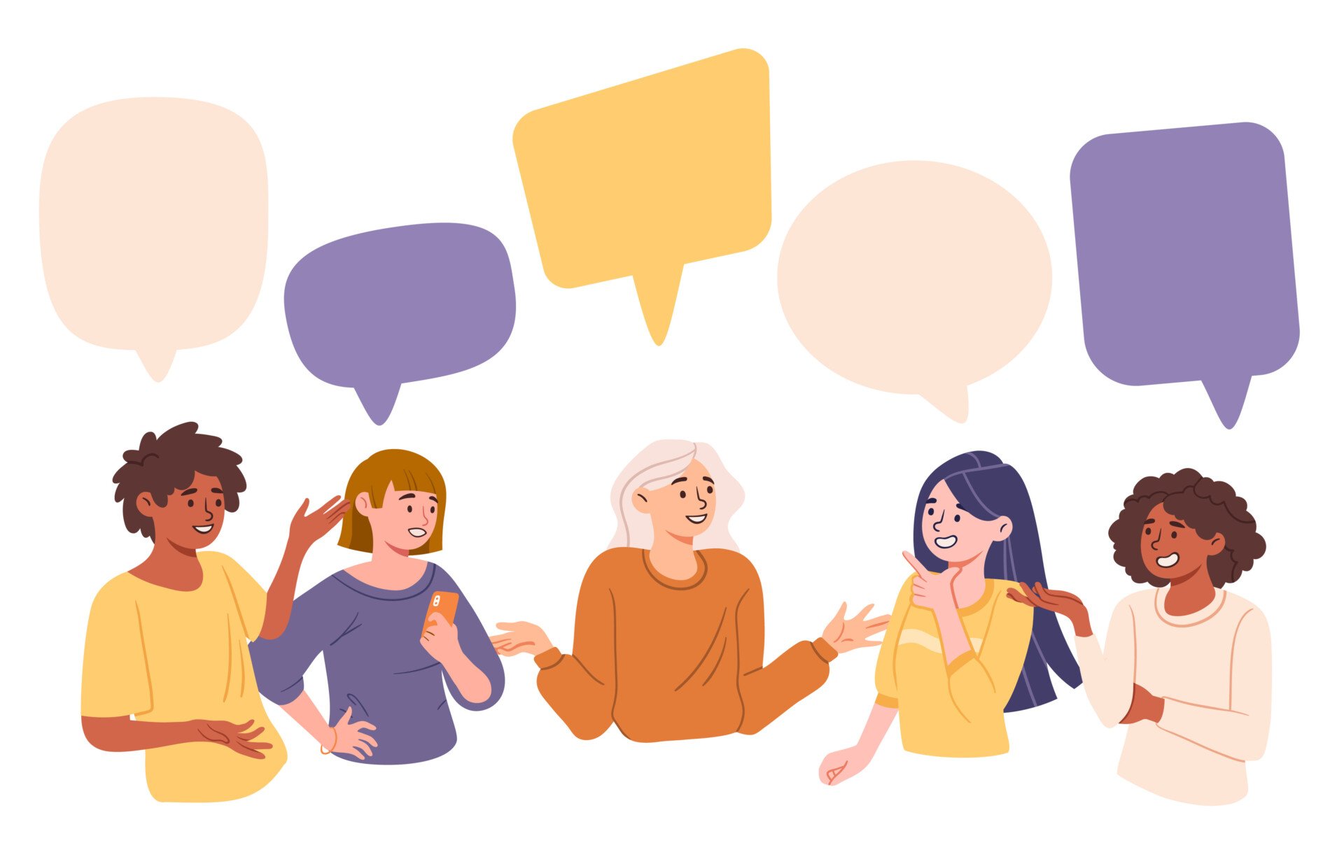 Sapir–Whorf hypothesis (Linguistic Relativity Hypothesis) 1 Collection of talking people. Men and women with speech bubbles. Communication and interaction. Friends, students or colleagues. Cartoon flat vector illustrations isolated on white background