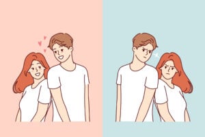 A split screen which a happy and in love couple on one side and a cold and aloof couple on the other.