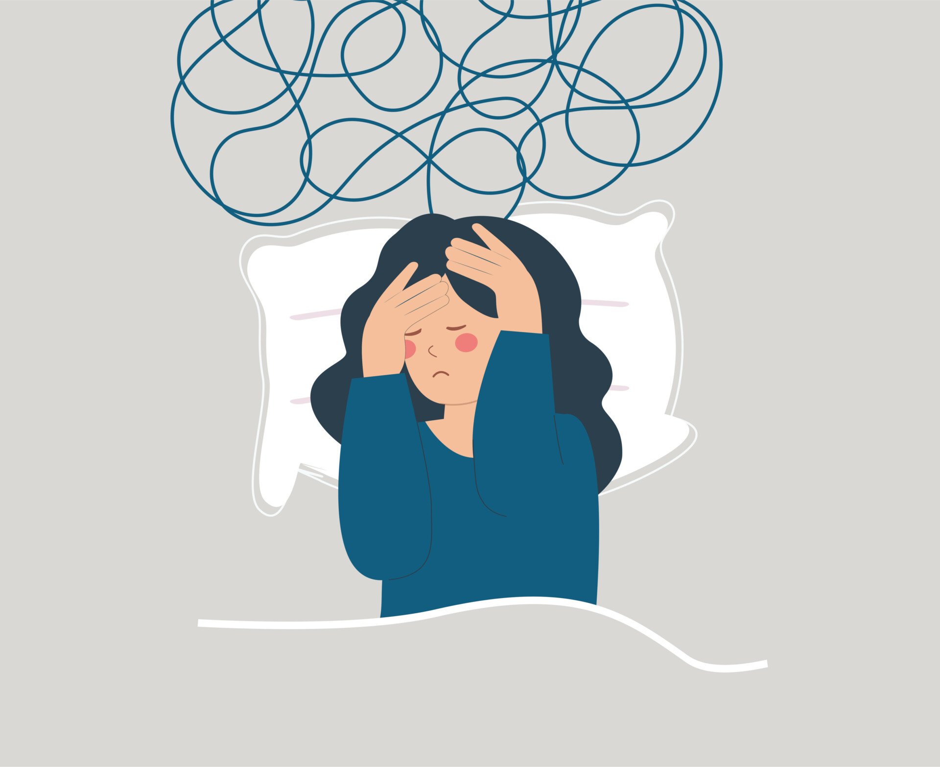Sleep Loss A sad woman in bed holding her head with tangled lines representing thought surrounding her head.