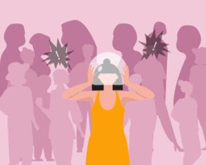 A woman in a crowded social situation holding a protective bubble over her head to help her relax