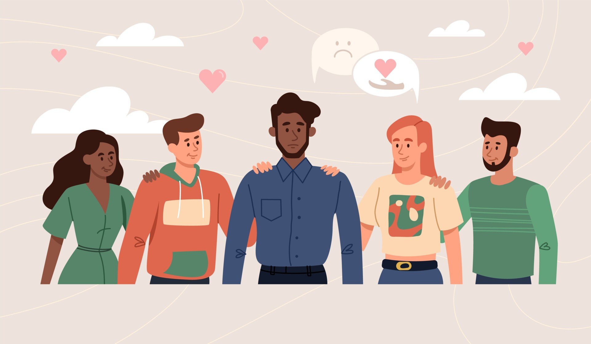 Social Anxiety Support A sad person with friends on either side of him offering support and love